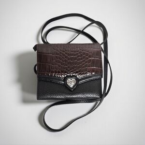 Vintage Brighton Black Brown Leather Wallet Removable Crossbody Strap Heart